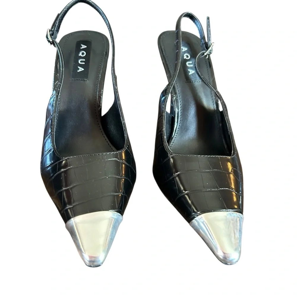 AQUA Bevv Leather Croc Embossed Slingback Pointed Toe Pumps in Black NEW 8